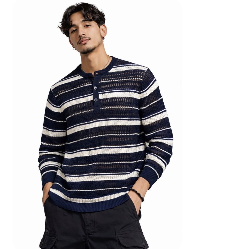 A/X Armani Exchange Vintage Navy and White Open Weave Knit Striped Sweater